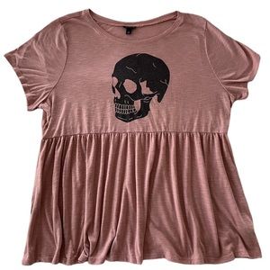 Torrid Cute Cotton Pink Babydoll Top with Black Skull print in size 3